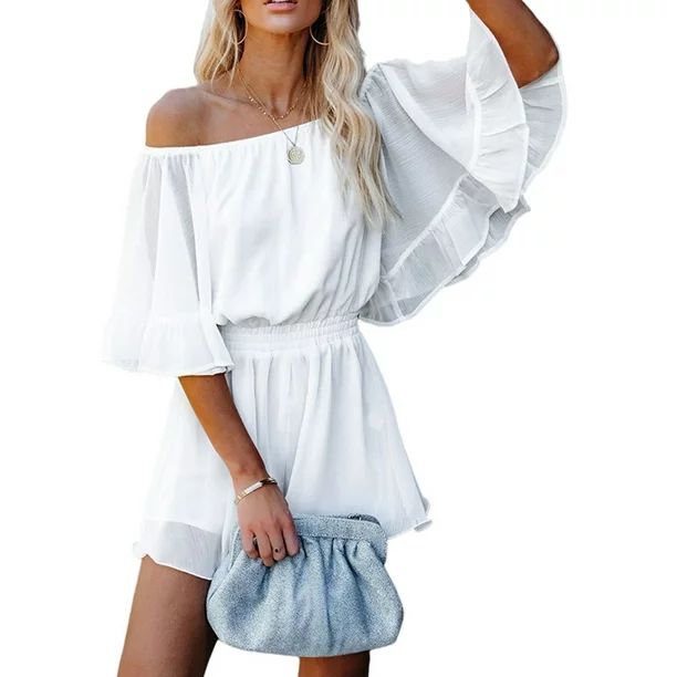 Women Boho Summer Romper Casual Floral Print Off Shoulder Strapless Shorts Jumpsuit | Walmart (US)