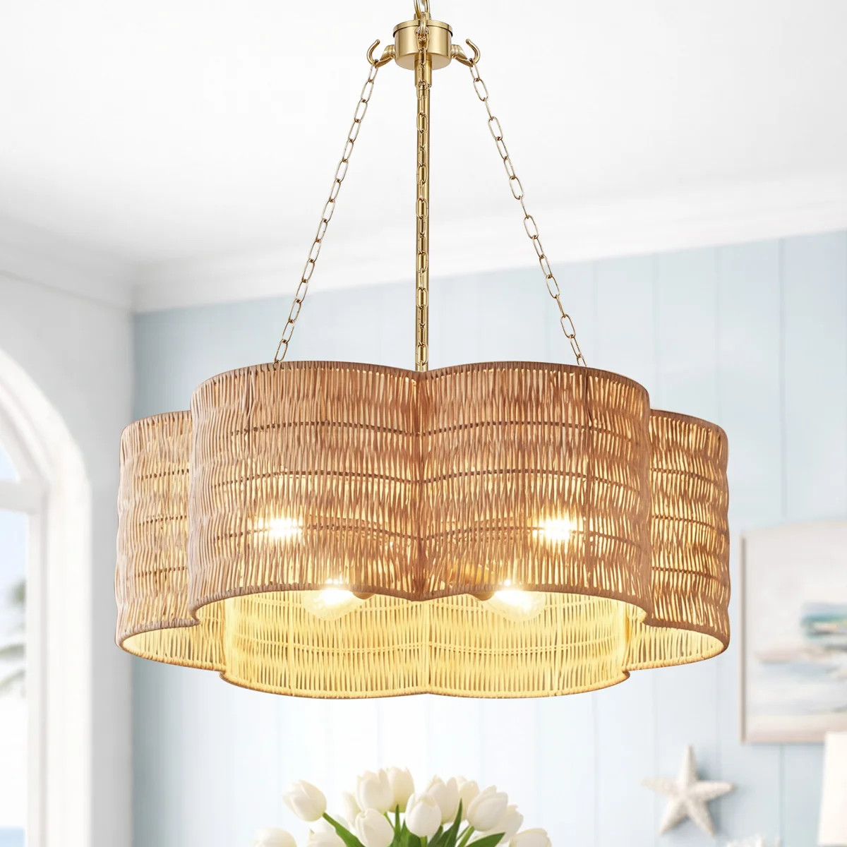 20" Coastal Boho 4-Light Scalloped Rattan Drum Chandelier | Wayfair North America