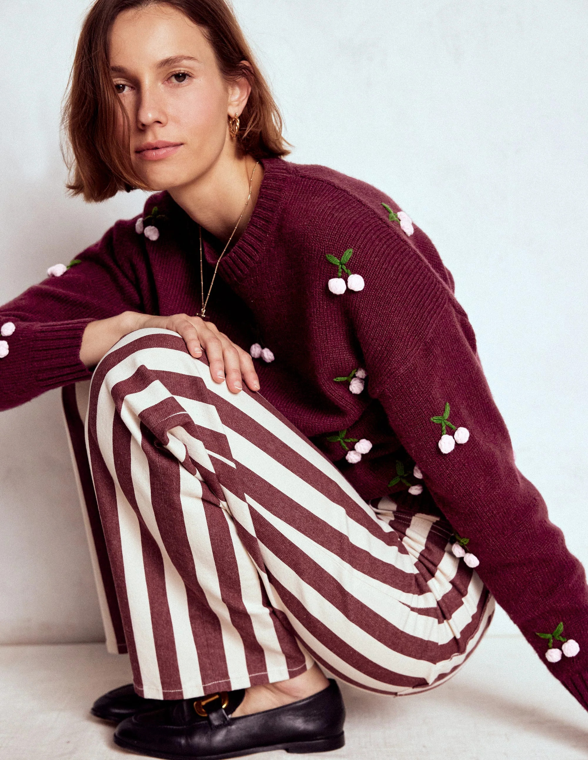 Natalie Embroidered Sweater-Chestnut Melange, Cherry | Boden (US)