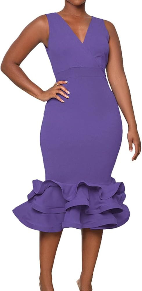 Women's Mermaid Sleeveless V Neck Open Back Ruffle Hem Bodycon Midi Cocktail Dress | Amazon (US)