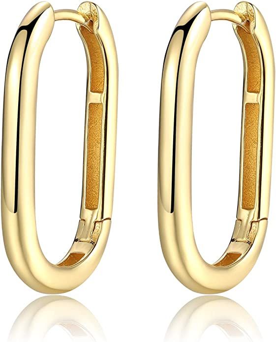 Minimalist Rectangle Oval Hoop Earrings Sterling Silver Gold Hoop Earrings for women Geometric U ... | Amazon (US)