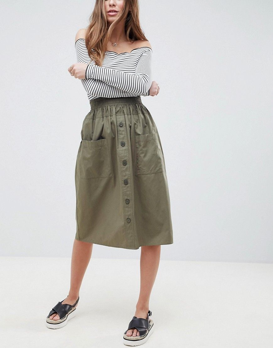 ASOS Cotton Midi Skirt with Button Front - Khaki | ASOS UK