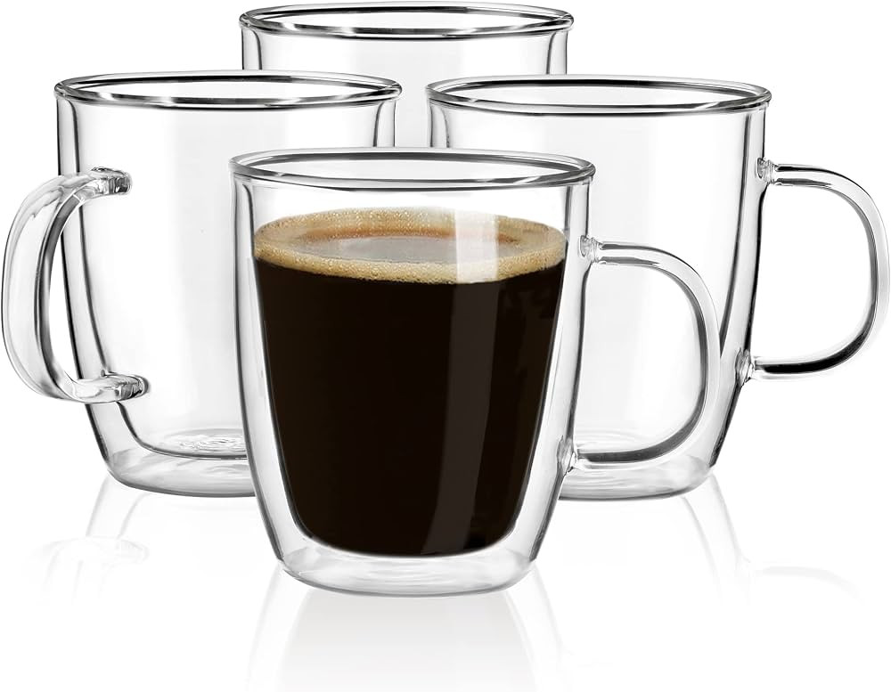 YUNCANG Double Wall Glass Coffee mugs, (4-Pcak) 12 Ounces-Clear Glass Coffee Cups with Handle,Ins... | Amazon (US)