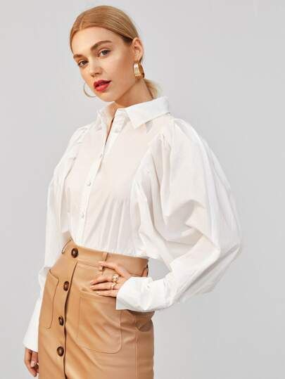 SHEIN Pleated Gigot Sleeve Solid Blouse | SHEIN