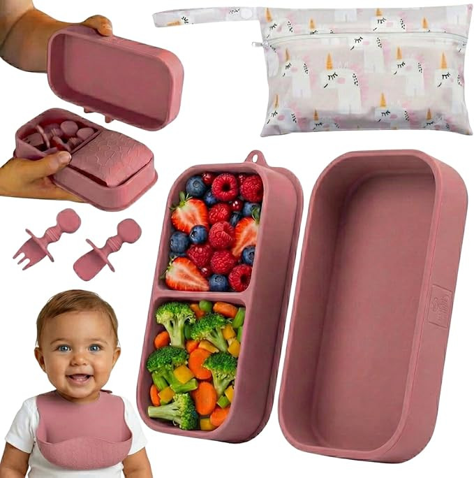 Travel Silicone Baby Feeding Set - Portable Toddler Plates with Suction, Soft Baby Spoon & Fork, ... | Amazon (US)