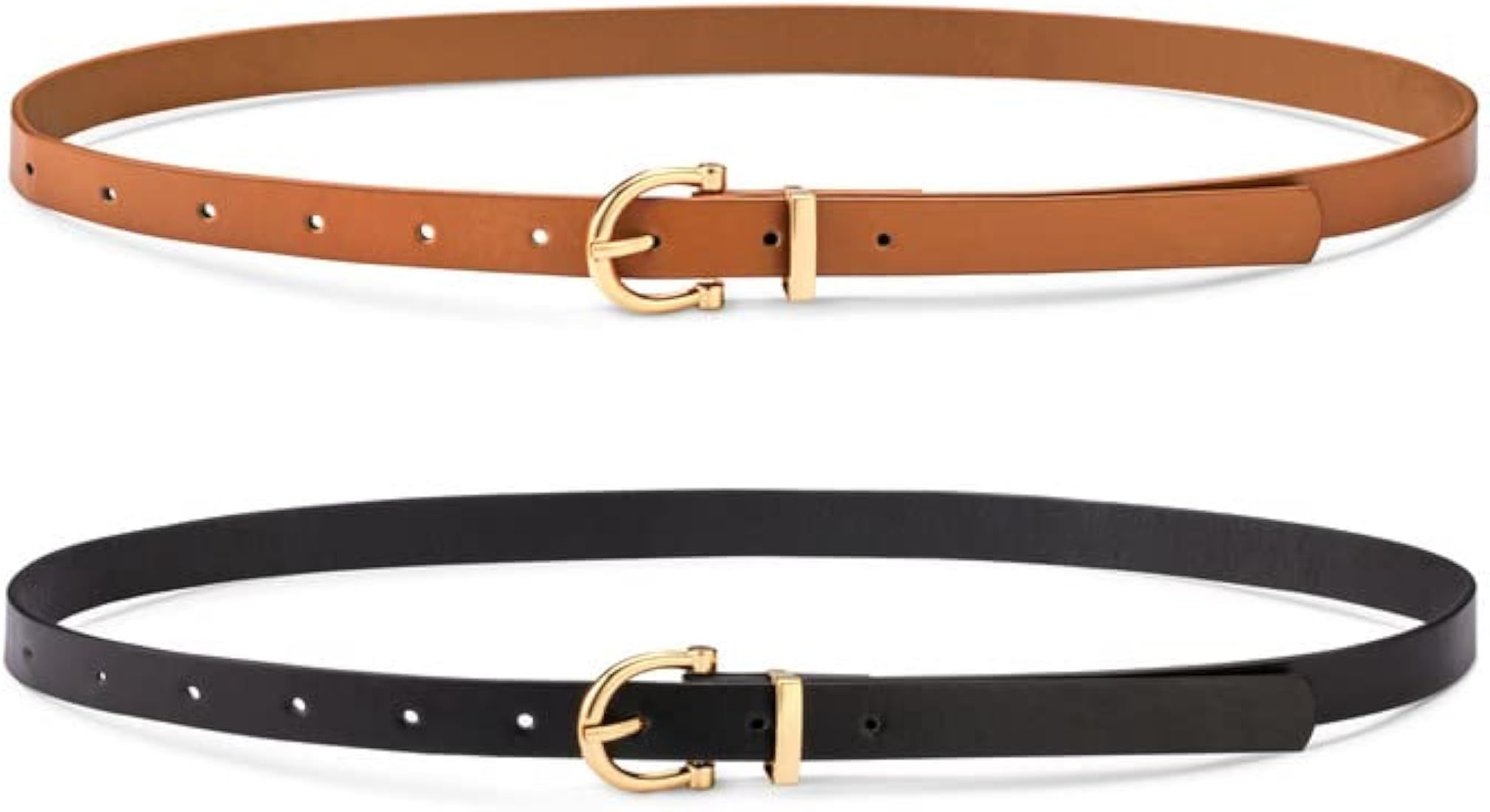 TRIWORKS 2 Pack Women Skinny Leather Belts Fashion Gold Buckle Thin Waist Belt for Pants Jeans Dr... | Amazon (US)