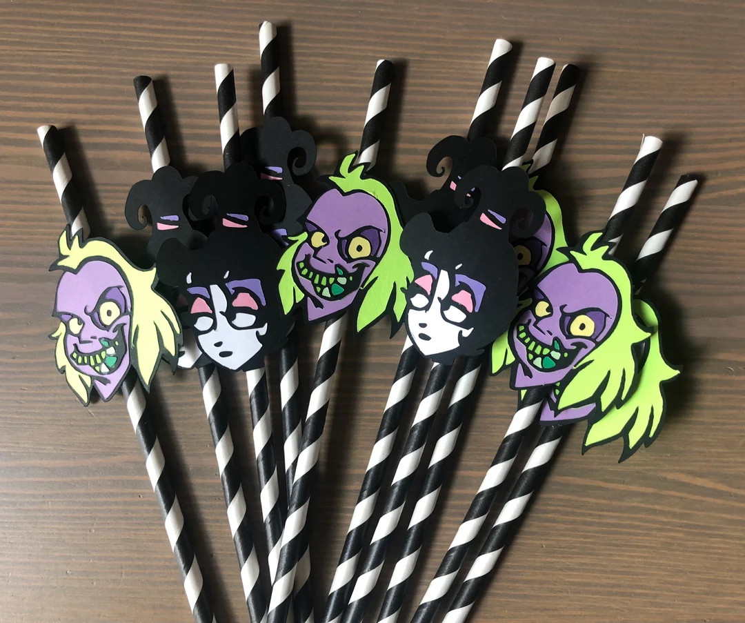 Matching Banner & Treat Toppers Available Beetlejuice Inspired Paper Straws Beetlejuice Party Fav... | Etsy (US)