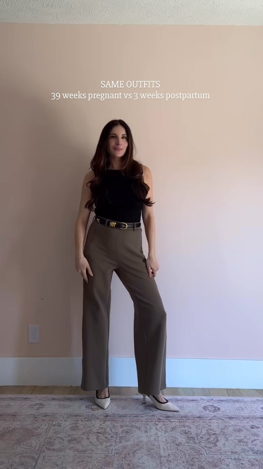39 weeks pregnant vs 3 weeks postpartum and the clothes still fit! Staple wardrobe pieces you can invest in that will fit in whatever season you’re in 🫶🏼

Sizing: 
- Stretch Cotton Blend Mid Rise Wide Leg Pant (regular, beige, medium)
- Stretch Cotton Blend Slimming High Rise Pant (regular, deep dry olive, medium)
- Elastic Open Back Brami Tank (black, small)
- Multi-wear Versatile Necklines Brami Top (pure white, small)

Discount code: FASHIONABLYCHAE20%