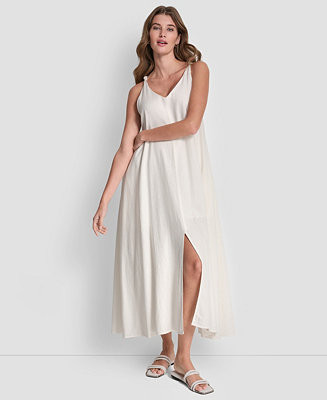 Women's Linen-Blend Knotted Strap V-Neck A-Line Dress | Macy's