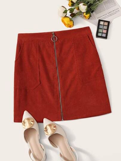 O-ring Zipper Slant Pocket Corduroy Skirt | SHEIN