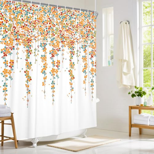 Wathon Weeping Floral Shower Curtain Turquoise Teal Orange Flowers in Blossom Bathroom Decor, Modern Boho Romantic Chic Art Print Fabric Polyester Bath Curtains with Hooks 70Wx70L Fall Season Curtain | Amazon (US)