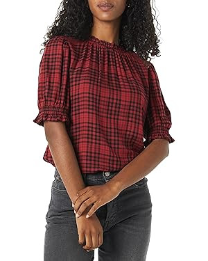 Amazon Essentials Women's Fluid Twill Short Puff Sleeve Smock Detail Shirt | Amazon (US)