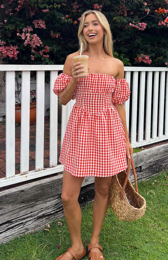 Love Lost Off The Shoulder Red Gingham Mini Dress | Beginning Boutique (US)