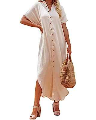 Dokotoo Womens Casual Short Sleeve Side Split Button Down Long Kimonos Cardigans Swimsuit Cover U... | Amazon (US)