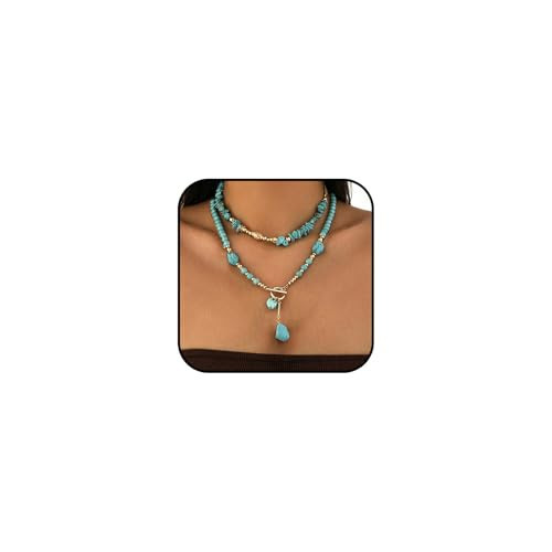 Lyfange Turquoise Beaded Necklace for Women Layered Vintage Turquoise Choker Necklace Gold Boho Turquoises Necklaces Handmade Western Toggle Collar Jewelry (Two) | Amazon (US)