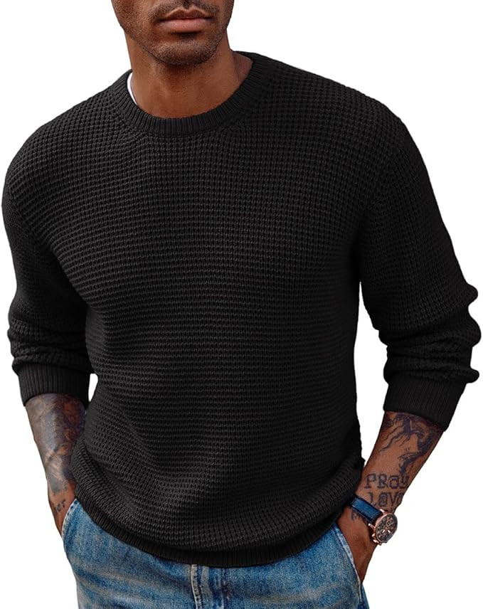 PJ PAUL JONES Mens Pullover Sweater Waffle Textured Long Sleeve Knitted Sweaters | Amazon (US)