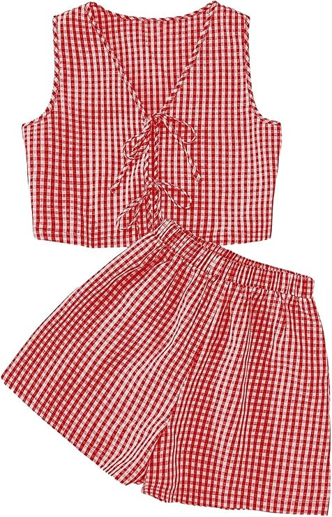 SOLY HUX Women's Summer 2 Piece Outfits Plaid Print Sleeveless Tie Front Tank Top Vest Shorts Bea... | Amazon (US)