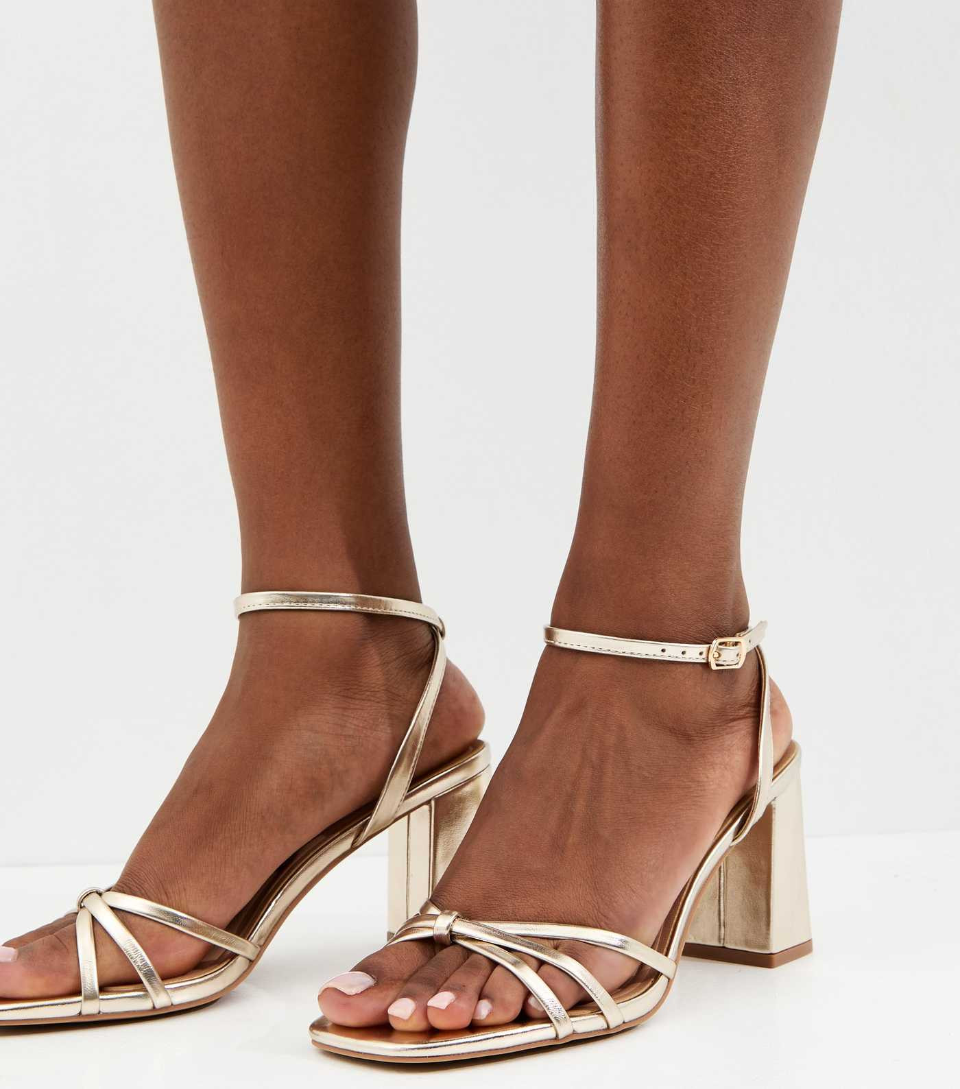 Gold Faux Leather Knot Strap Block Heel Sandals | New Look | New Look (UK)