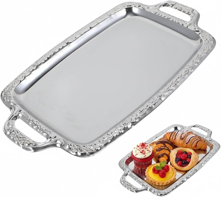 Rectangular Silver Serving Tray - Vintage Metal Tray for Whiskey - Dining Tableware and Decorativ... | Amazon (US)