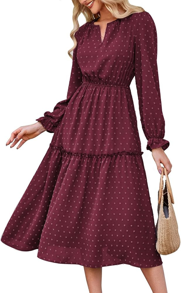 JASAMBAC Womens Casual Dresses 2024 Long Sleeve V Neck Swiss Dot Maxi Dresses High Waisted A-Line... | Amazon (US)