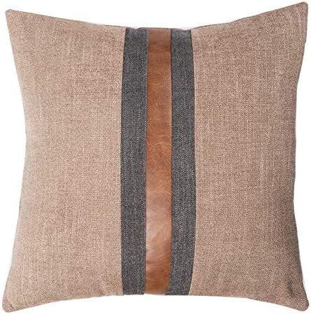 BOYSUM Farmhouse Decorative Outdoor Throw Pillow Covers for Couch Sofa Bed Brown Faux Leather Accent | Amazon (US)