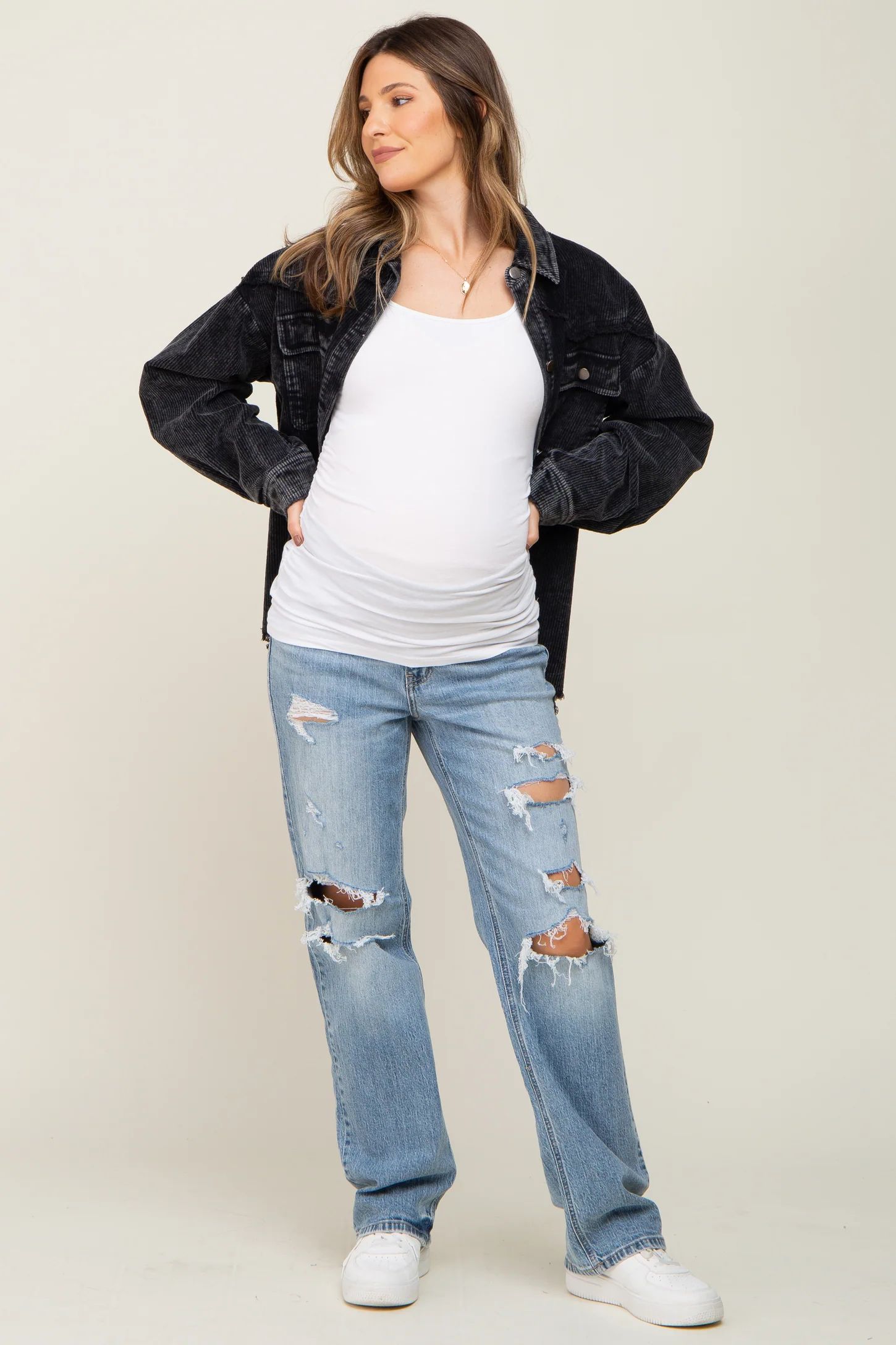 Light Blue Distressed Straight Maternity Jeans | PinkBlush Maternity
