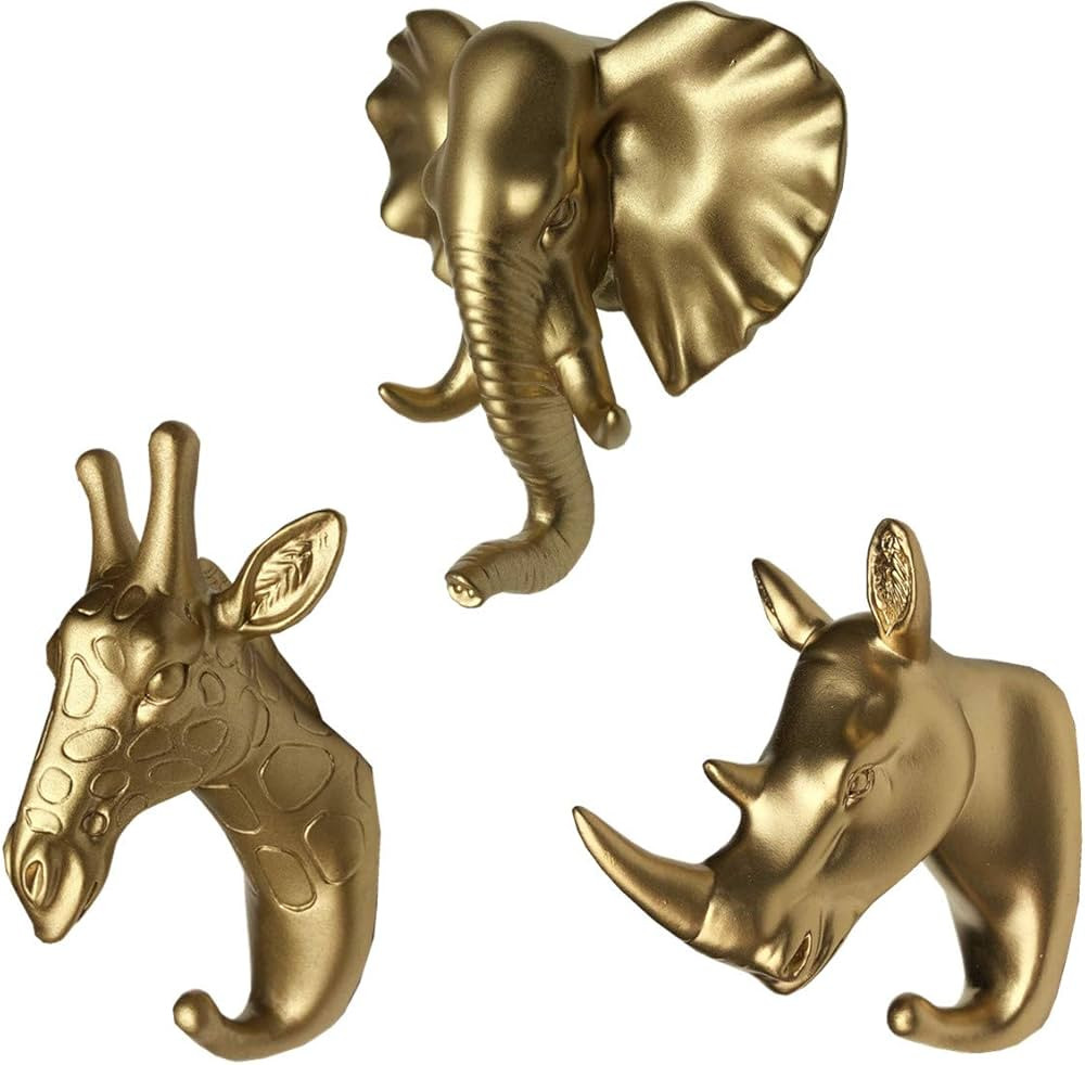 Set of 3 Elephant Head Giraffe Head and Rhino Head Wall Hooks / Hangers Animal Shaped Coat Hat Ho... | Amazon (US)