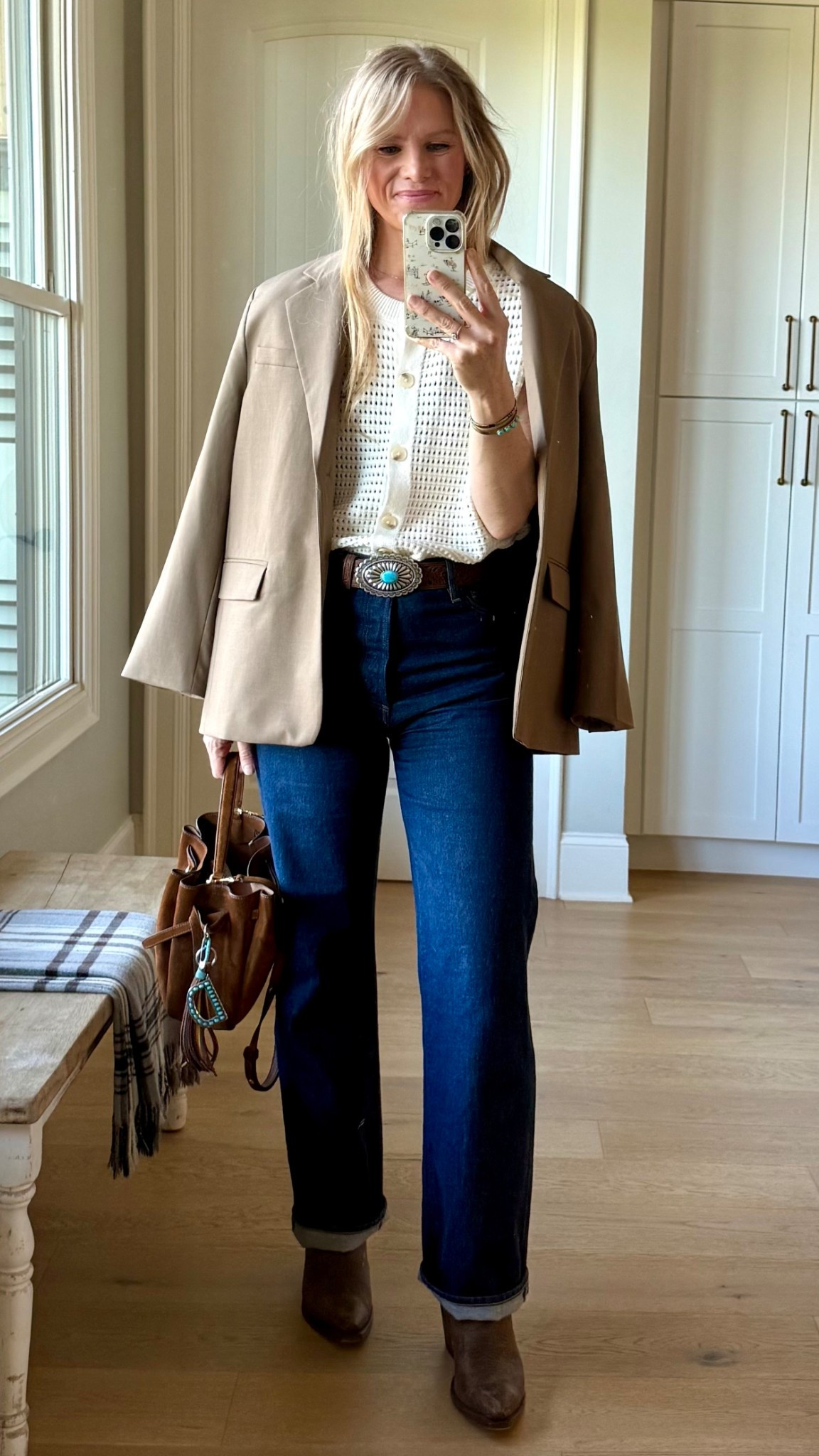 Western date night outfit

Size reference 5’ 9” 140 lbs

Tan blazer - medium
(Old mango) 

Sleeveless sweater - medium
(Target clearance)

Dark wash jeans - 28
(27 fit in the waist but was tight in the hips)

Brow Cowboy boots - sized up 1/2 size



Western chic. Classic style.classy western. Blazer and cowboy boots. Dark wash jeans and western boots. Suede bag. Tecovas. Tory Burch. Paige jeans. 

#LTKOver40 #LTKTall #LTKootd