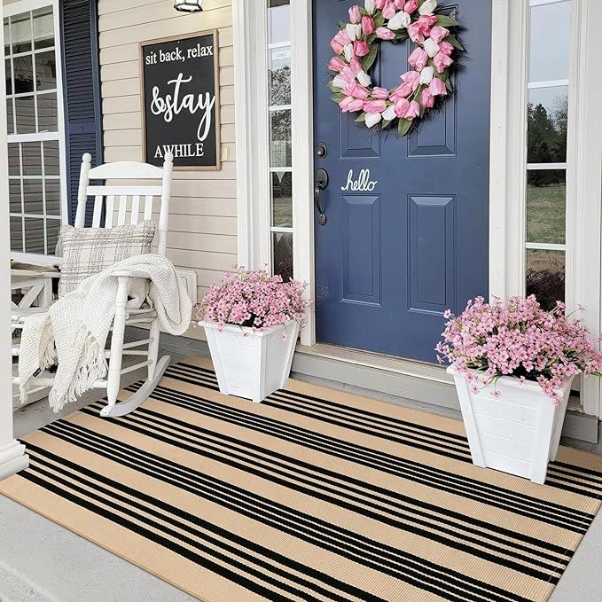 Black and Khaki Striped Rugs 3x5, Outdoor Cotton Hand Woven Front Door Mat,Washable Reversible La... | Amazon (US)