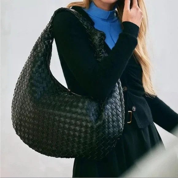 Anthropologie Melie Bianco The Brigitte Satchel Black Woven Hobo Bag | Poshmark