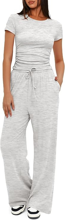 Darong Women's 2 Piece Set Outfits Lounge Sets Ruched Short Sleeve Tops High Waisted Wide Leg Pan... | Amazon (US)