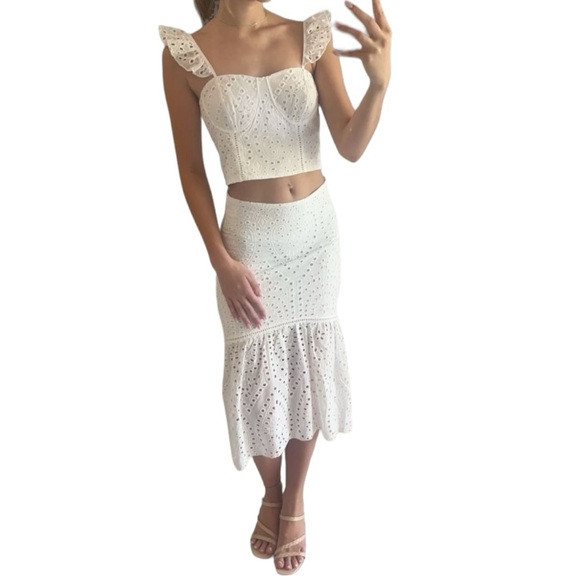 2 Piece White Eyelet SET by L.A. Kirious Crop Top Midi Skirt COTTON Lined Small | Poshmark