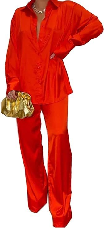 GTMRINJN Womens Silk Satin 2 Piece Outfit Long Sleeve Lapel Button Down Tops Wide Leg Palazzo Lou... | Amazon (US)