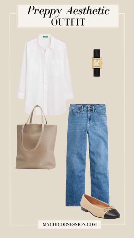 For true lovers of the preppy aesthetic, this next look can certainly be found in your closet! Start with a pair of wide-leg slim jeans. On top, wear a white Oxford button-down. Add ballet flats, a classic watch and a leather tote to finish the look.

#LTKstyletip #LTKSeasonal