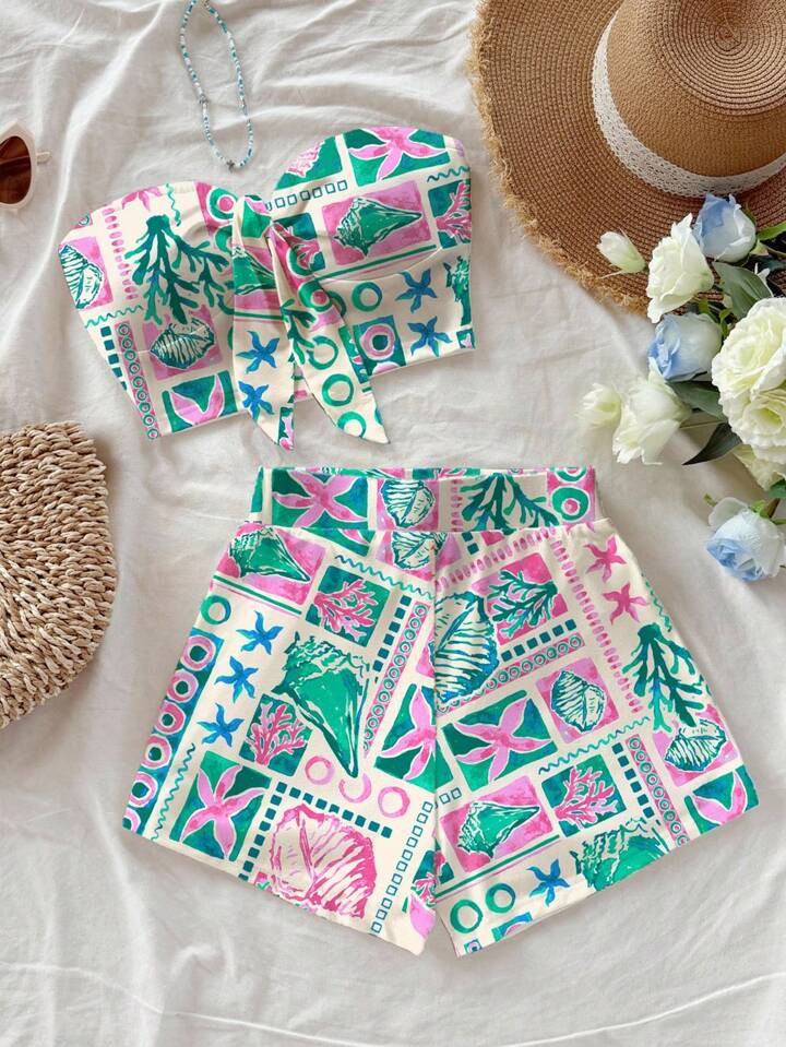 Soleia Women's 2 Pieces Vacation Summer Ocean Element Shell Coral Print Set, Casual Holiday, Daily, Beach Resort | SHEIN