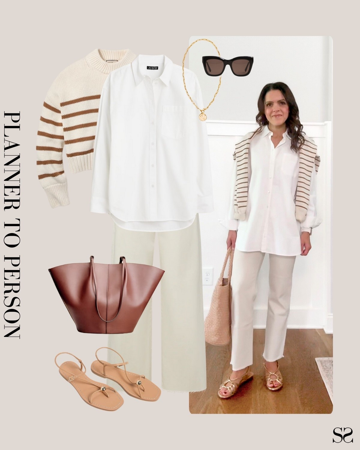 Planner to person | Monthly outfit planner AUGUST: Summer looks, pin to planner outfit inspo | white button up, ecru denim, leather tote, striped sweater, nude sandals 

#summeroutfit #casualstyle


#LTKStyleTip #LTKSeasonal
