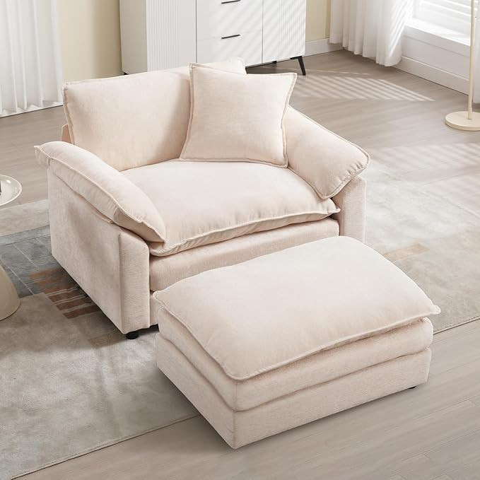 Beige Oversized Chair with Ottoman, Comfy Chenille Accent Chair Large Upholstered Armchair with E... | Amazon (US)