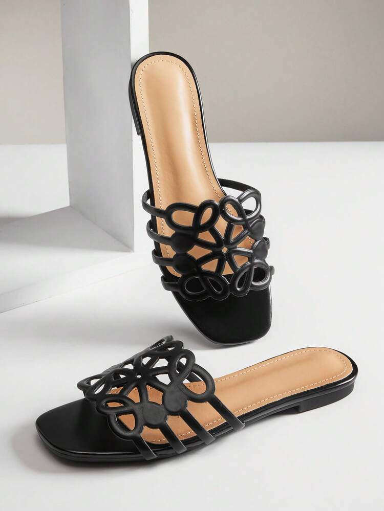 SHUZIA Women's Elegant Floral Cut-Out Slip-On Flat Sandals Summer Shoes | SHEIN