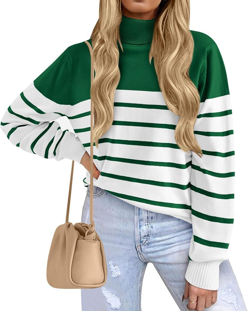 KIRUNDO Women's 2024 Fall Winter Turtleneck Knitted Sweater Long Sleeve Striped Color Block Loose... | Amazon (US)