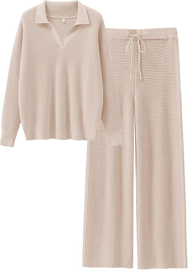 ANRABESS Womens Two Piece Outfits Sweater Sets Waffle Knit Pullover Wide Leg Pants Tracksuit Swea... | Amazon (US)