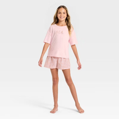 Girls' Bunny Boxer Shorts and T-Shirt Pajama Set - art class™ Pink XXL | Target