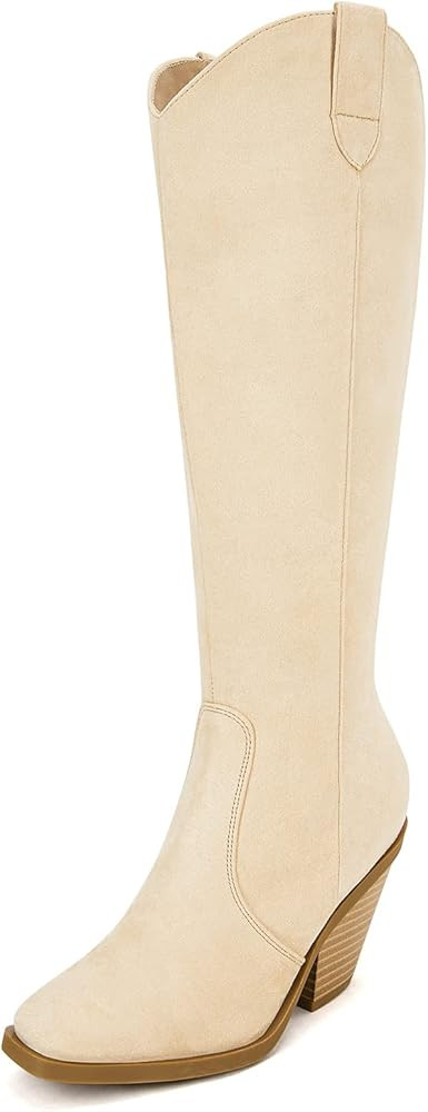 LAICIGO Womens Square Toe Knee High Boots Chunky Stacked Heel Faux Suede Leather Side Zipper Wint... | Amazon (US)