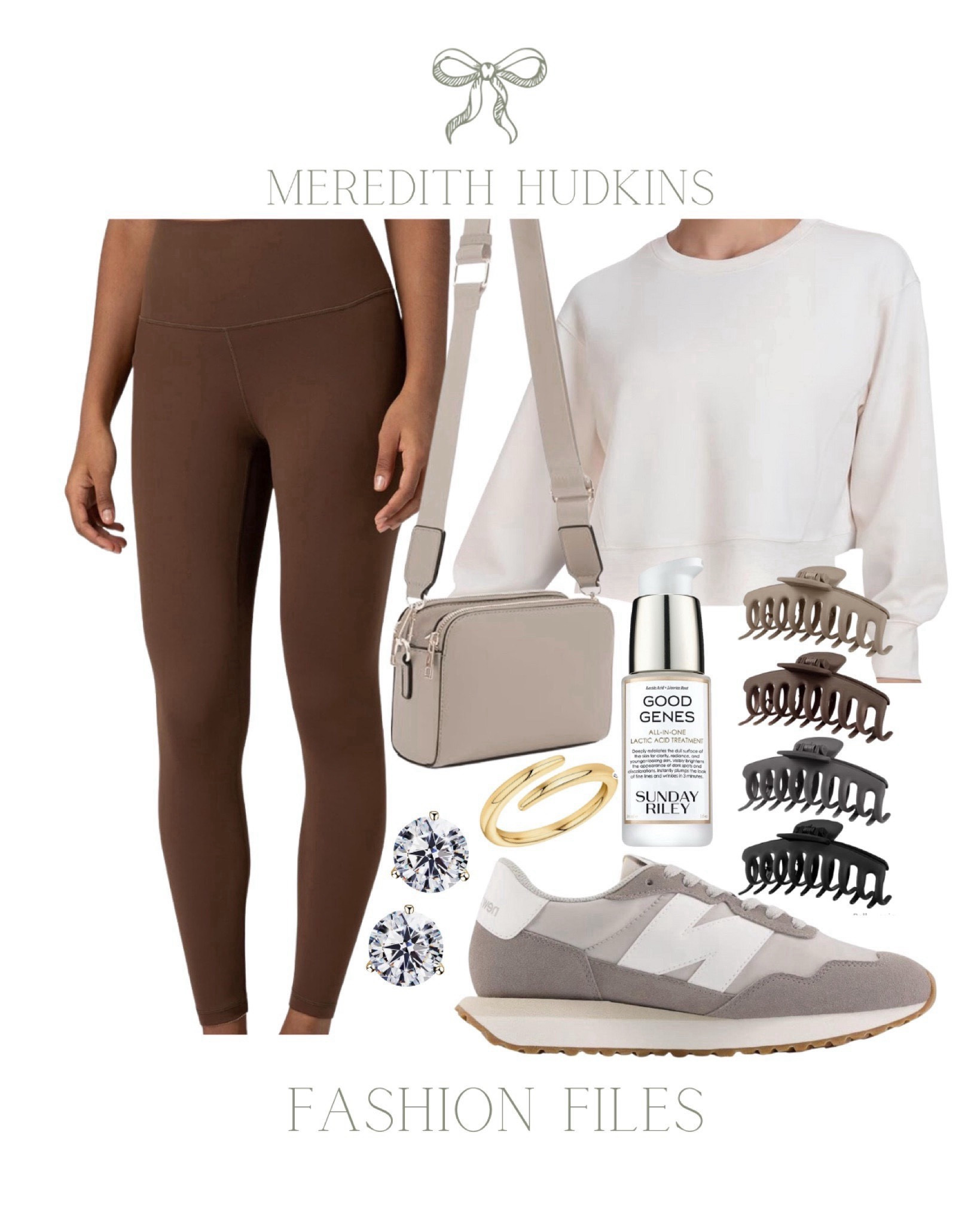 Women's Fashion, Meredith Hudkins, fall fashion, athletic wear, travel outfit, ootd, new balance sneakers, claw clips, women's diamond earrings, gold ring, sunday riley good genes, crossbody bag, neutrals, women's brown leggings, crewneck top, sweatshirt, trending 

#LTKStyleTip #LTKSaleAlert #LTKFindsUnder100
