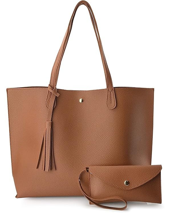 Minimalist Clean Cut Pebbled Faux Leather Tote Womens Shoulder Handbag | Amazon (US)