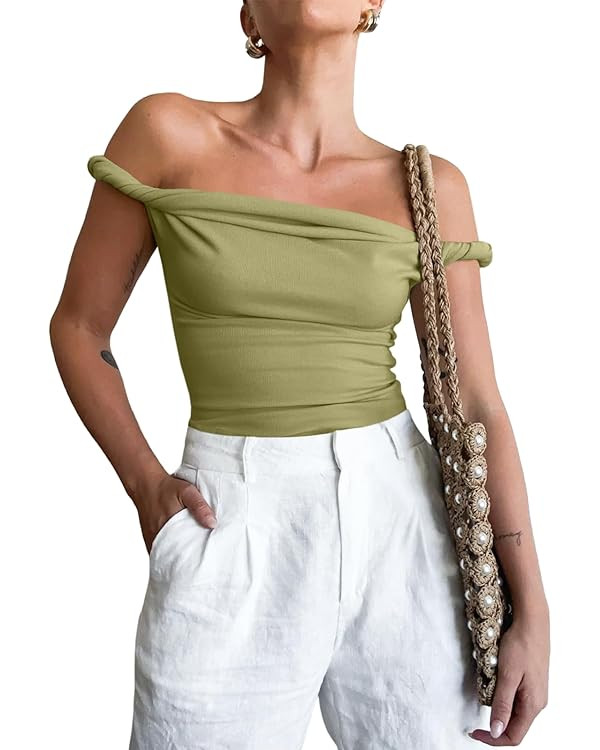 Tankaneo Womens Off The Shoulder Top Sleeveless Slim Fit Stretchy Tank Top Y2k Casual T Shirts | Amazon (US)