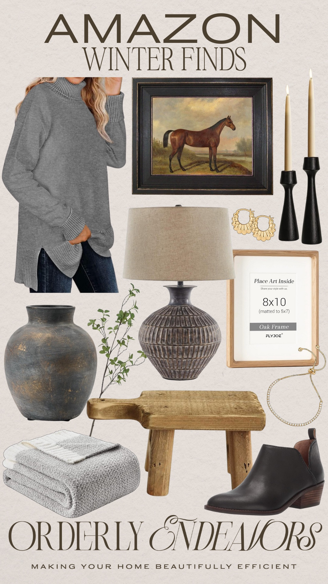 Amazon winter finds include blanket, vase, greenery stems, booties, small wooden stool, frame, table lamp, candle stick holder, earrings, sweater, wall art.

Neutral home decor, neutral winter finds, Amazon finds

#LTKHome #LTKFindsUnder100 #LTKStyleTip