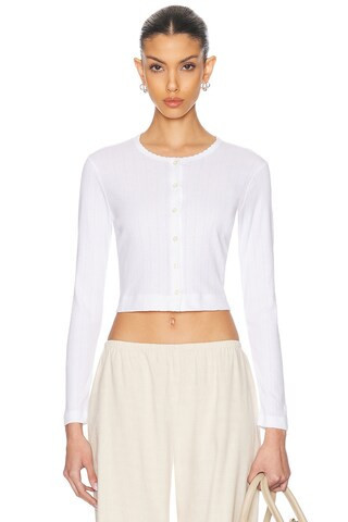LESET Pointelle Crop Cardigan in White | FWRD 