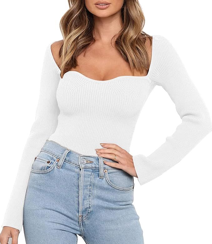 LILLUSORY Women's Sweetheart Neckline Sweater 2024 Spring Ribbed Knit Slim Fit Pullover Tops | Amazon (US)
