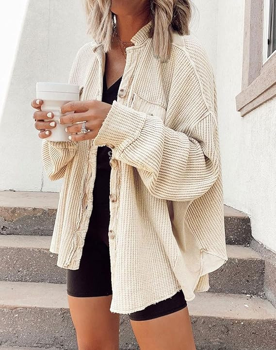 chouyatou Women's Loose Fit Batwing Sleeve Waffle Knit Button Down Shirt Shacket Tops | Amazon (US)