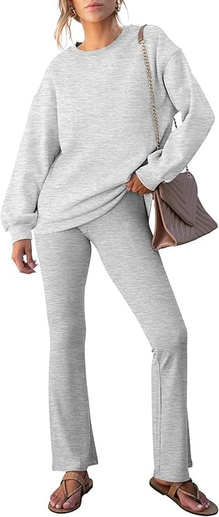 ANRABESS Women 2 Piece Sweatsuits Lounge Set Oversized Fleece Crewneck Sweatshirts Flare Pants 20... | Amazon (US)